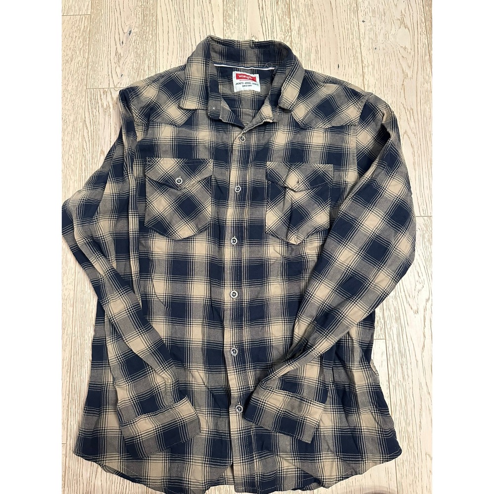Wrangler Mens Plaid Western Shirt Navy Tan Long Sleeve Button Down Size M